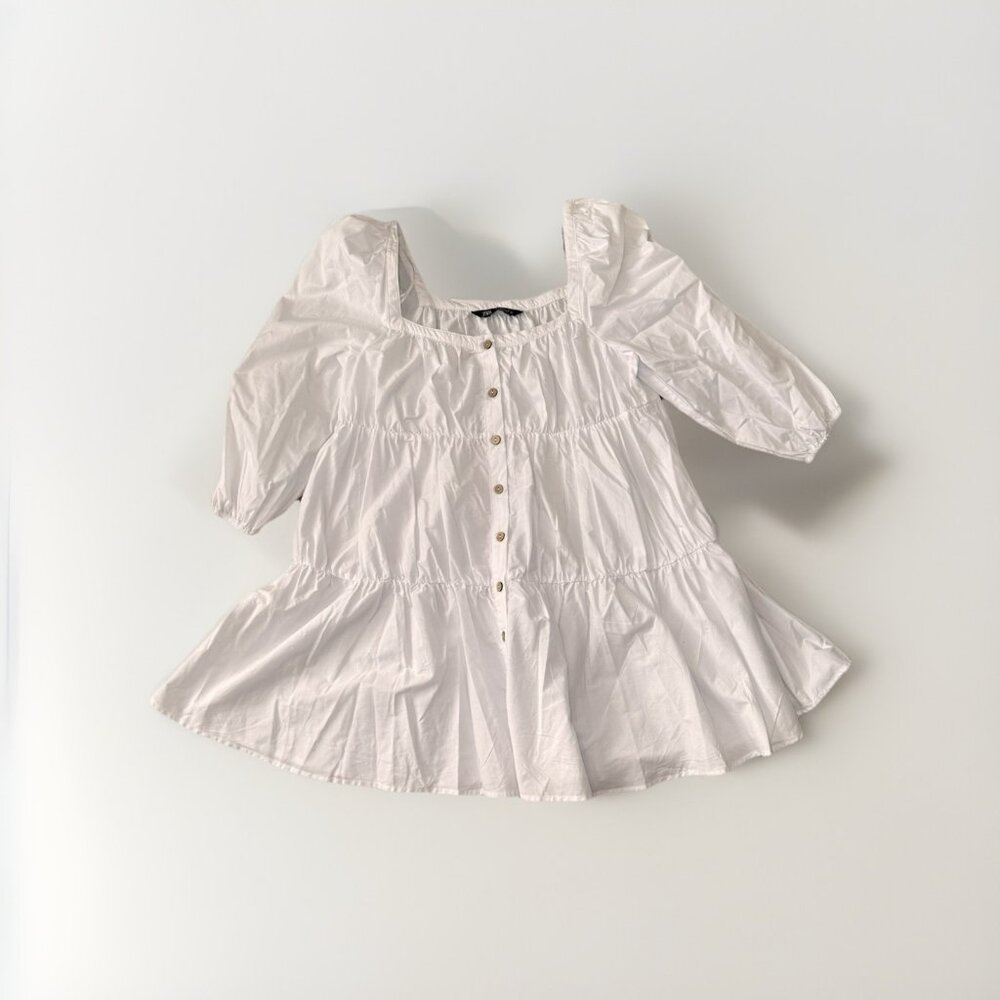 Zara White Tiered Babydoll Mini Dress M Puff Sleeve Button Front Cottagecore - Picture 4 of 9